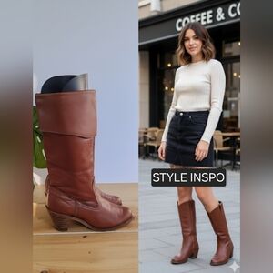 Vintage 70s Dexter Leather Stacked Heel Cuffed Western Boot Brown USA Made  9.5M